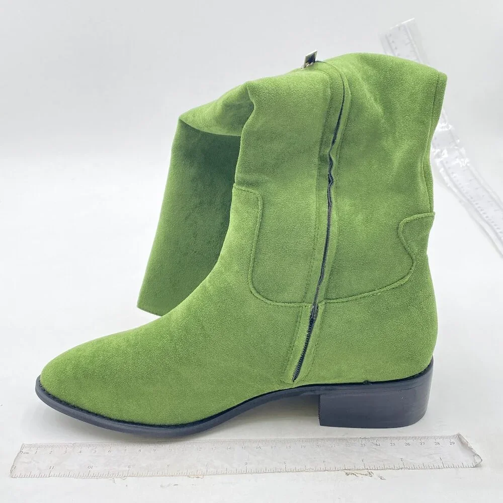 Green Women Almond Toe Knee High Boots with Partial Zipper Warm Long Boot